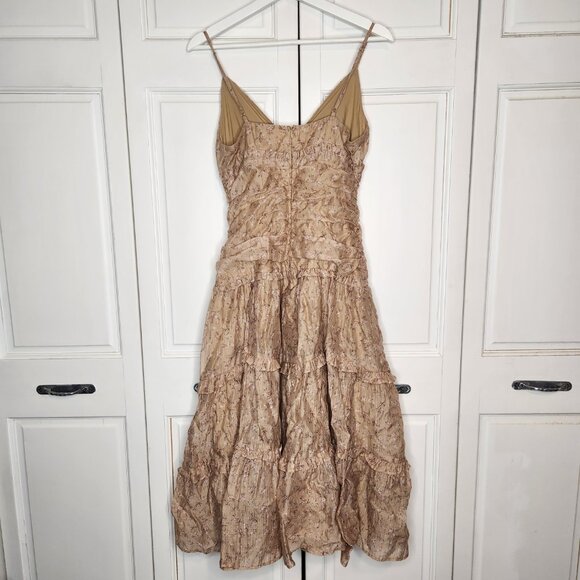 Storia Floral Tiered Midi Dress Cottagecore Boho Ruffle Tan Size M - Picture 8 of 12
